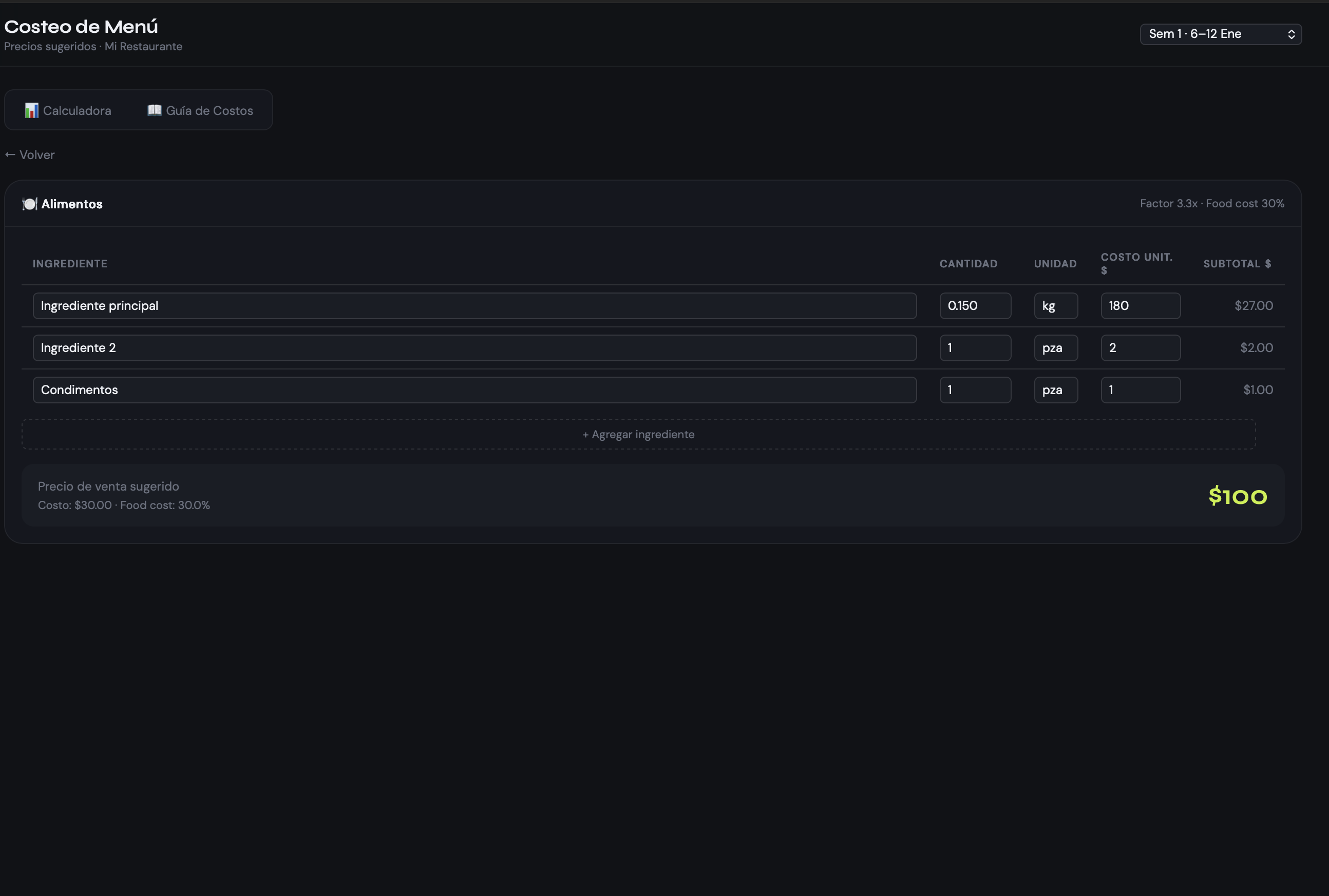 Costeo de menú por categoría con factor de pricing calculado automáticamente